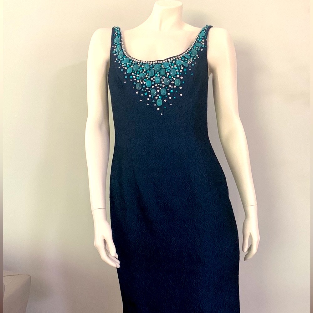 ❤️CARMEN MARC VALVO Jeweled-Beaded Navy Evening Bodycon Dress Formal EUC SZ 6